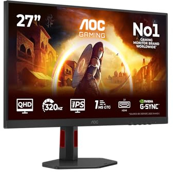 AOC Q27G4SRU 27 inch WQHD Gaming Monitor 320Hz, Fast IPS Panel, 0.3ms MPRT, Adaptive Sync, HDR400, G-Sync Compatible, Height Adjustment, Speakers, (2560x1440 HDMI 2x 2.1 DP 1x 1.4 USB Hub) Black