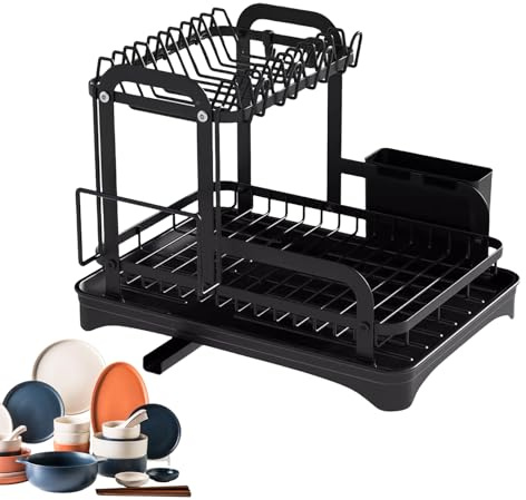 Gmokluytw Scolapiatti,Scolaoggetti per Piano Lavoro Cucina - Griglia Scolastoviglie Compatta con Vassoio per Tazze Posate Piatti Ciotole Organizzazione Cucina Casa Ristorante