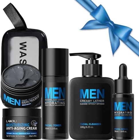 BeauBase Set de Skincare Hombre, 5 Piezas Cuidado Facial Hombre Pack Regalo, Men Skin Care Kit, para Todo Tipo de Piel Hidratante Revitalizante Antienvejecimiento