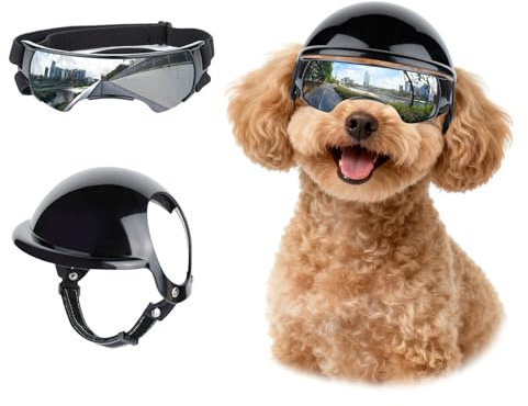 LESYPET Casco e occhiali per cani di piccola taglia, protezione UV, occhiali da sole per cani, protezione per gli occhi, casco da moto con foro per le orecchie, set di occhiali e casco per cani