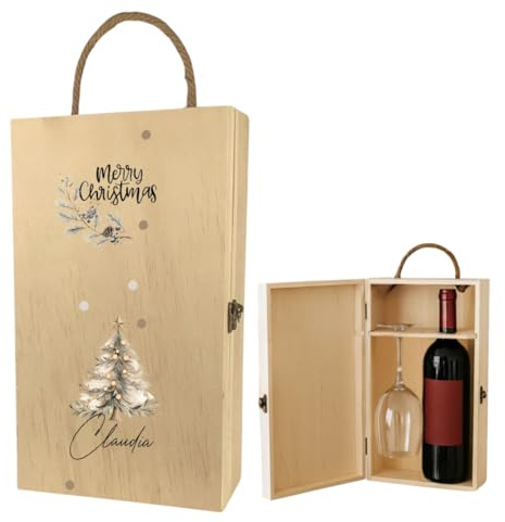 AWASG Caja De Vino De Madera Personalizada, Caja De, Botella De Vino Con Copa De Vino, Caja De Regalo De Madera, Caja De Regalo (2 Botellas Con Copa De Vino Y Árbol De Navidad)