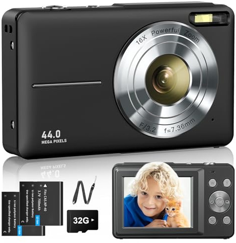 Lecran Appareil Photo numérique 1080P Appareil Photo 44MP Zoom numérique 16X avec Carte 32 Go 2 Batterie Appareil Photo numérique pour Enfants, étudiants, Adolescents, débutants(Black)
