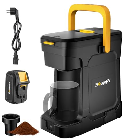 BougeRV Cafetera portátil con Batería 144 Wh | Autonomía 7 Tazas, DC 18 V & AC 230 V, Cafetera de Camping para Café Molido & Cafe Monodosis Blandas, Cafetera portatil para Camping, Obra, Camión