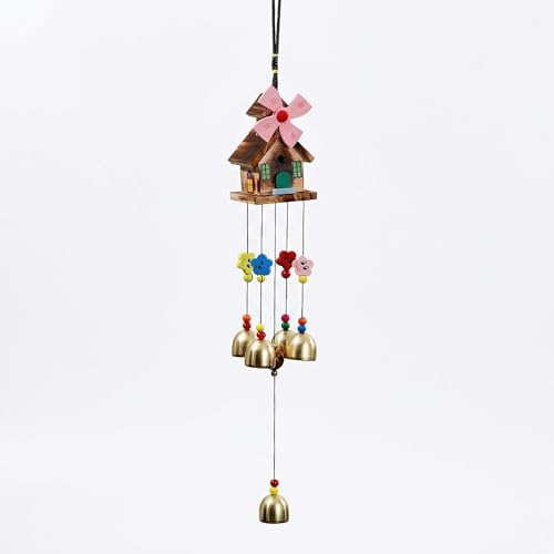 Carillon éolien Artisanal en Bois avec Maison et Moulin à Vent – Décoration de Jardin colorée à Suspendre, carillons éoliens pour l'extérieur, à Suspendre sur la terrasse (Rose)