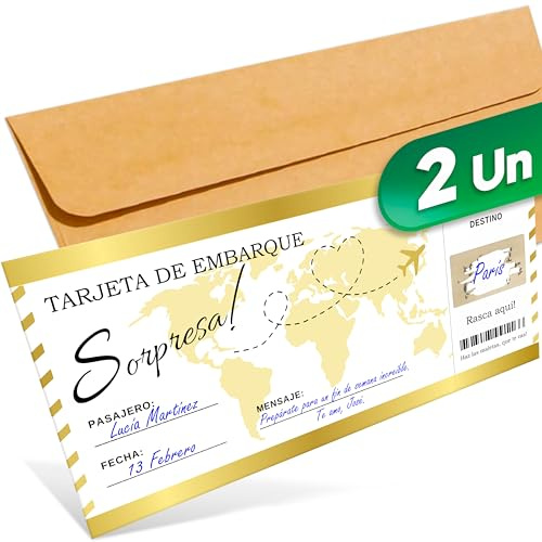 Cheerset - Regalo viaje sorpresa - Tarjeta viaje sorpresa - Tarjeta rasca regalos para viajeros tarjeta embarque personalizable - Regalo pareja, Regalo romántico (2 unidad, Español)