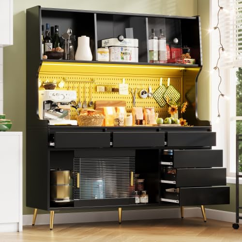 kozamas Armoire de cuisine, buffet, haute, multi-usages avec éclairage LED, contrôle par application, tiroir, panneau perforé, portes coulissantes en verre, métal, pour salon, cuisine, 145 x 39 x 171