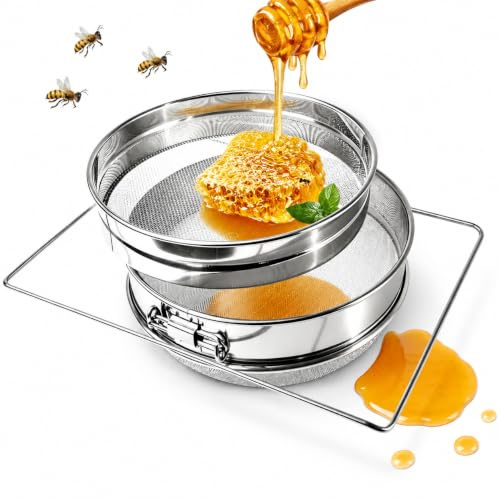 Honigfilter Edelstahl für Imker, Honig Sieb mit Doppel Sieb Feinfilter zur Honigklärung, Honig filtern Zubehör lebensmittelecht rostfrei, passend für Eimer Imkerei Beekeeper