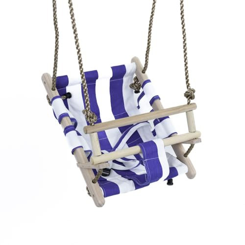 Gartenpirat Babyschaukel aus Holz und Stoff blau/weiß 45x30x35 cm für Baby Kleinkinder Schaukelsitz Holzschaukel höhenverstellbar wetterfest