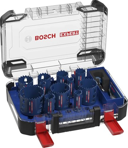 Bosch 14x EXPERT Multi Material PC+-Hole Saw Set, 20, 22, 25, 32, 35, 40, | für Holz mit Metall, Ziegelstein, Ø 20-76 mm, Professional Zubehör Bohrmaschine