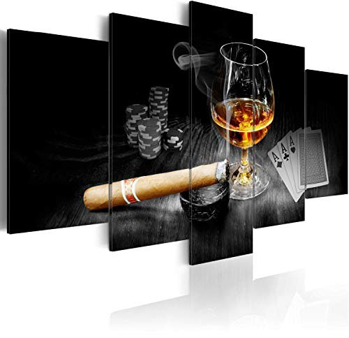 B&D XXL Acrylglasbild Alkohol 100x50 cm 5 Teilig Wandbild auf Acryl Glasbilder Kunstdruck Moderne Acrylglas Platte Wanddekoration Geschenke Heimdekoration Glasbild Zigarre Poker Whisky i-A-0101-k-o