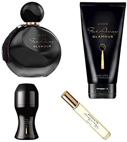 Avon Duftset Far Away Glamour 4 Teile 1x Eau de Parfum Spray 50ml 1x Taschenspray 10ml 1x Body Lotion 150ml 1x Deoroller 50ml für die Frau