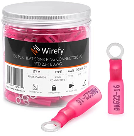 Wirefy 150 PZ Connettori Occhiello M4 - Kit Terminali Anello Termoretraibili - Capicorda Elettrici Crimpare - Rosso 0,34-1,5 mm²