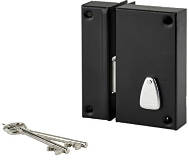THIRARD - Serrure Verticale en Applique 6 Gorges à Clé - Pêne Seul - Axe 45 mm - 75 x 130 mm - Noir - 2 Clés - Coffre et Gâche Acier Cambré - Porte de Cave Gauche