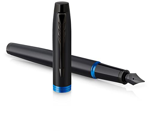 Parker IM Vibrant Rings Fountain Pen | Satin Black Lacquer with Marine Blue Accents | Fine Point with Blue Ink Refill | Gift Box
