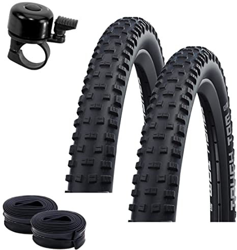 2 x Schwalbe Tough Tom Fahrradreifen K-Guard Pannenschutz Fahrrad Mantel Decke 57-584 (27,5 x 2,25) + 2 Schwalbe SV19 Schläuche inkl. Fahrradklingel