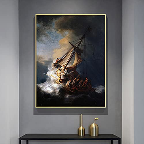 Der Sturm auf dem See Genezareth Leinwand Gemälde Dutch Golden Age Berühmte Kunst von Rembrandt Van Rijn Home Wanddekoration 100 x 70 cm rahmenlos