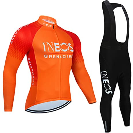 Herren Winter Fahrradtrikot Set - Thermo Fahrradhose Lang + Thermo Fahrradtrikot Langarm - Atmungsaktiv - Reflektoren für Herbst/Winter (Orange1,XL)