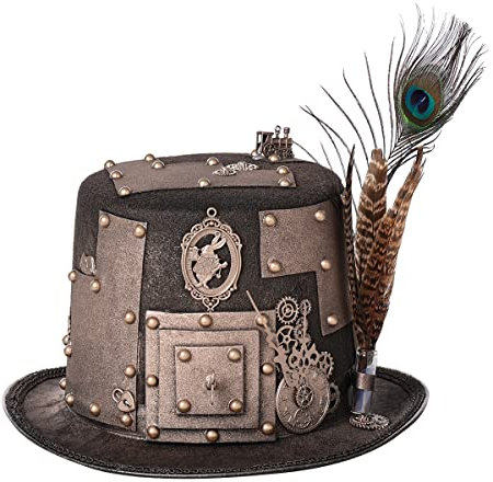 COSDREAMER Damen Herren Glasflasche Kuppel Steampunk Kostüm Gothic Zylinder Halloween Totenkopf Hut (Braune Feder)