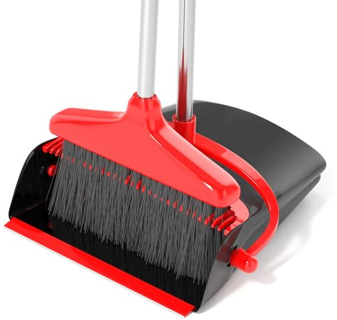 Juego de escoba y excavadora de polvo (129,5 cm) con mango largo - Escoba plegable con pala para barrer dormitorio, aula, vestíbulo, cocina, oficina (negro y rojo)