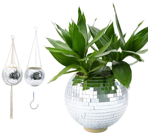 FGBNM Disco Ball Planter, 8 Silver Disco Ball Planter, Disco Ball Plant Hanger with Hanging Rope, Hanging Chain, Hook, Circle and Extra Mirror Pieces