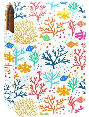 Korallen-Druck, Lipgloss-Halter, Lippenstift-Etui, tragbare Mini-Lippenstift-Aufbewahrungsbox, Reise-Lippenstift-Organizer-Hülle mit Spiegel für Frauen, Mehrfarbig, 9.5x2x7 cm/3.7x0.8x2.7 in