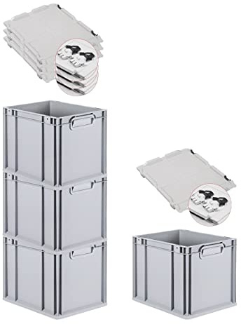 PROREGAL SuperSparSet 4x Eurobox NextGen Grip mit Scharnierdeckel und schwarzen Schiebeschnappverschlüssen, HxBxT 32x30x40cm, 30 L, Grau, Griffe geschlossen, Eurobehälter, Transportbox