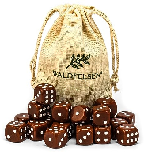 Waldfelsen® Högkvalitativa tärningar, 6, 12, 20, 30 eller 50 stycken, i standardstorlek: 16 mm, 6-sidiga akryltärningar, speltillbehör, set med tygpåse (brun, 20 stycken)