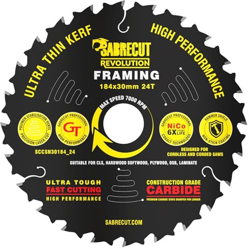 1 x SCCSN30184_24 SabreCut 184mm 24T x 30mm Bore High Performance Ultra Thin Kerf Wood Plywood MDF Chipboard Framing Circular Saw Blade