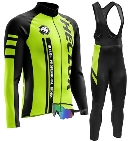 Radtrikot Herren Langarm Set,Fahrradtrikot Herren Herbst Atmungsaktive Cycling Jersey Schnell,Radsport-trägerhosen mit 9D Gepolsterten＋Winddichte Radfahrerbrille (5XL,TYP-4)