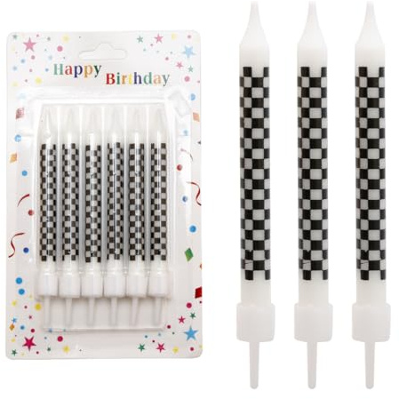 Tabanzhe 12 candele scintillanti di compleanno – Candele per torta con bandiera a scacchi bianchi e neri per decorazioni per feste in auto da corsa, baby shower, torta di compleanno per bambini e