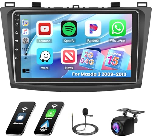 Hikity 2G 64G Android 15 Inalámbrico Carplay Radio Coche para Mazda 3 9 Pulgadas Pantalla Radio con GPS Bluetooth FM RDS WiFi HI-FI Android Auto Mic Cámara Trasera