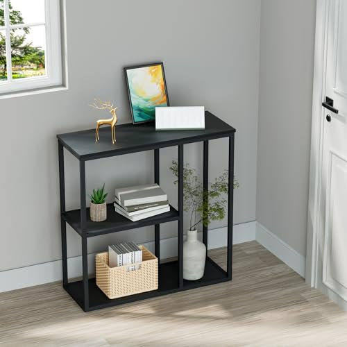 WOHOMO Konsolentisch, 30 cm, schmaler Eingangstisch für Wohnzimmer, 80 x 80 cm, schwarzer industrieller Sofatisch mit 3 Ebenen, Aufbewahrungsregalen für Flur, Flur, Schwarz
