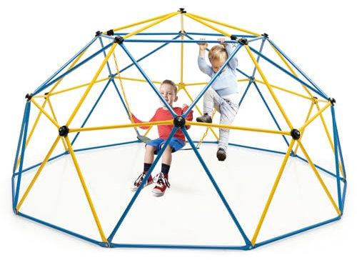 HOMASIS Ø 305cm Kletterkuppel mit Schaukel, Klettergerüst Kuppelform, Kuppel Kletterturm Spielplatz Outdoor Indoor, Kletterleiter belastbar 363 kg, Kinderklettern für 6 Kinder 3-10 Jahren (Gelb)