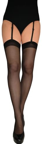 JUST BEAUTY TOUCH Plain Top Stockings size S - 3XL - Wear with Garter Belt & Suspender Straps, Comfortable Fit for Women's Thigh-High 20 denier Sheer (S, Black)