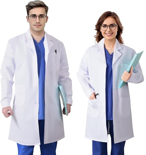 Sithkup Camice da laboratorio, maniche lunghe, polsini con bottoni, design del colletto della tuta, adatto a studenti di medicina, medici e infermieri dell'ospedale per il lavoro quotidiano. (2XL)