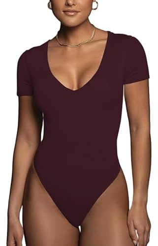 Rongseng Dambodysuit kortärmad bodysuit V-ringad bodycon ett stycke stretchbodysuits jumpsuits elegant jumpsuit sommar trikåtopp topp T-shirt, Bourgogne, L