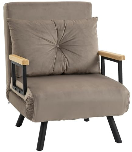 HOMCOM Schlafsessel 4 in 1 Sessel mit Schlaffunktion, 183 x 63 cm Klappbar Schlafsessel mit 5-stufig Verstellbarer Rückenlehne, Lendenkissen und Samtoptik für Wohnzimmer, Hellbraun