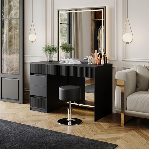 Vicco Schminktisch Omira, Schwarz, 120 cm | mit Hocker, Make-up, Tools & Schmuck sauber getrennt und sofort griffbereit