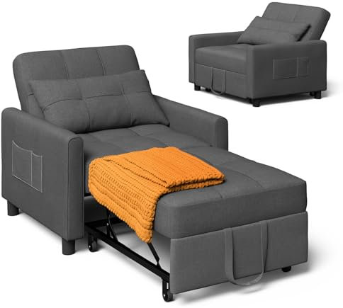 Xbro 3-in-1 Schlaferstuhl, umwandelbares Sesselbett, Schlaferstuhl mit Bettfunktion, verstellbares Sofa Bett mit Kissen und Seitentasche, Sessel mit Schlaffunktion für kleine Wohnung (Dunkelgrau)