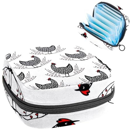 Aufbewahrungstasche für Damenbinden, Menstruationstasse, Tamponbeutel, Periodeneinlagen-Halter, Organizer für Frauen und Mädchen, schwarz gesprenkelte Hühner im Blumenkranz