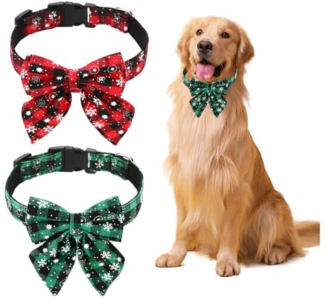 2pc Hundehalsband Weihnachten, Weihnachtshalsband Hund, Katzenhalsband mit Schleife, Fliege für Hunde, Niedliches Karomuster, Hunde Weihnachtskostüm, Haustier Halsband für Kätzen (L)