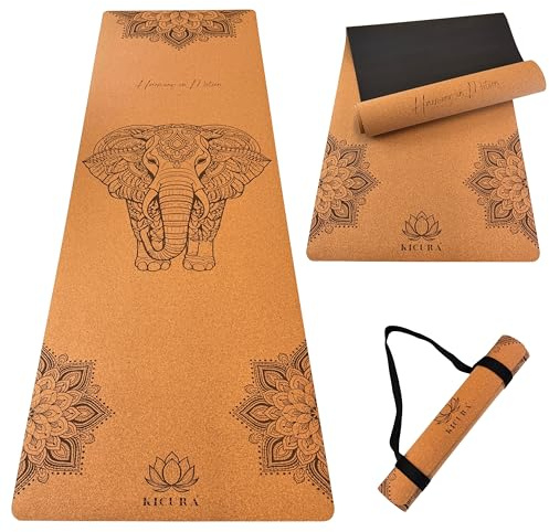 KICURA Yoga-Matte aus Kork & Naturkautschuk mit Elefanten-Mandala – rutschfeste Premium-Matte, 4 mm dick, mit Tragegurt, in 3 Größen