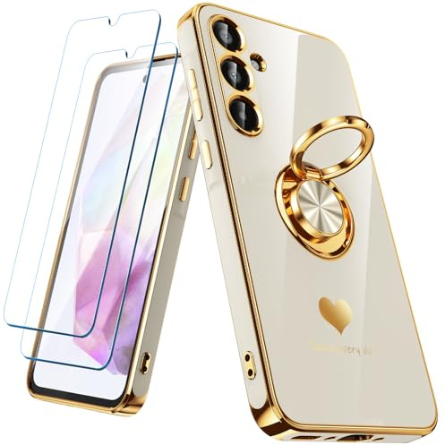 Nonional for Samsung Galaxy A35 5G Case with 2 Pack Screen Protector, 360° Rotatable Ring Holder [Luxury Hearts Pattern] Plating Gold Edge Slim Soft Phone Cover Case for Galaxy A35 - White