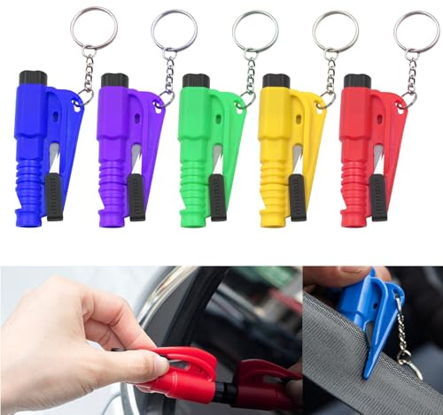 HIAHXC 5 pièces Marteau d'urgence pour voiture avec coupe-ceinture, marteau de secours avec porte-clés 3-en-1 coupe-ceinture de sécurité et briseur de vitre