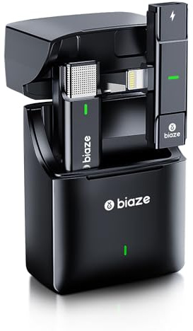 biaze MK9 Lavalier Mikrofon Wireless, Ansteckmikrofon aktive Geräuschunterdrückung kompatibel mit Kamera/Computer/iPhone/Android, 400m Reichweite Lighting für TikTok/YouTube/Live-Streaming/Video/Vlog