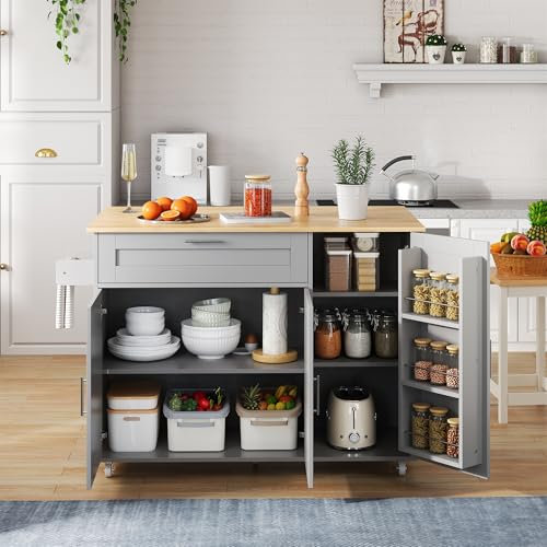 Wyibwy Carrello da cucina,isola da cucina con piano di lavoro pieghevole in legno,tavolo da cucina mobile con 1 cassetti e 3 ante，portaspezie, portasciugamani, 5 rotelle,132.5 x 44 x90 cm,Grigio
