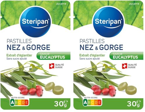 Steripan - Pastilles Nez & Gorge - Saveur Eucalyptus - Extraits d'Églantier - Sans Sucre Ajouté - 30g