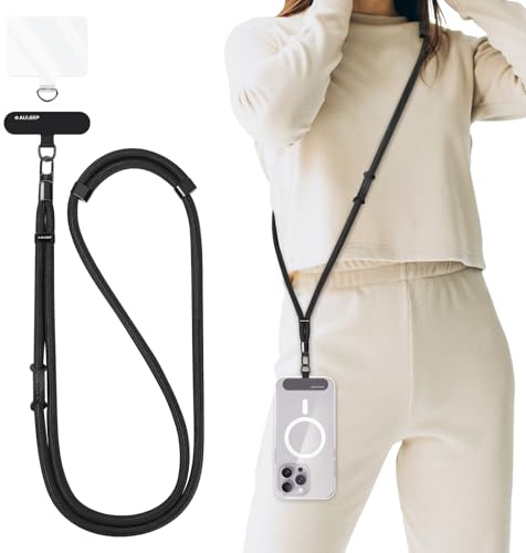 AULEEP Universal Phone Lanyard Corssbody, Anti-theft Strap for Women and Men, Adjustable Cell Phone Neck Lanyard for all iPhone and Smartphone, with 2 Premium Phone Tethers, Skin-Friendly, Black