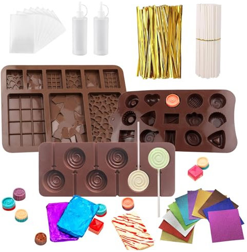Chocolate Maker Kit, Chocolate Lollipop Making Kit with Chocolate Moulds Silicone Pop Sticks and Wrappers, Cake Pop Maker Kit to Make Yummy Choco Bars and Lollies