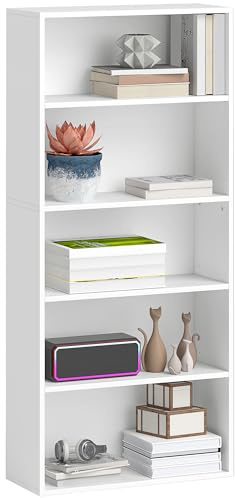 HOMCOM Librería de 5 Niveles Estantería de Libros con 3 Estantes Ajustables para Sala de Estar Oficina Dormitorio 60x24x133,5 cm Blanco